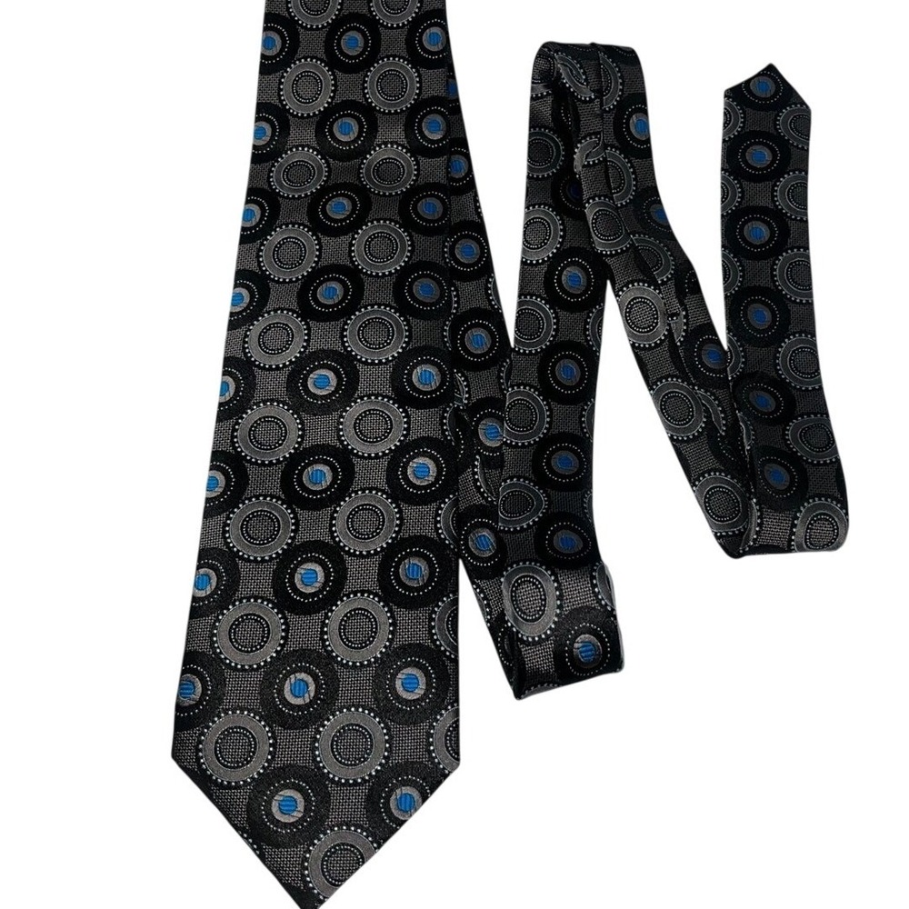 Zarrano Platinum‎ Men's 100% Silk Tie Black Gray Blue Geometric Pattern Handmade
